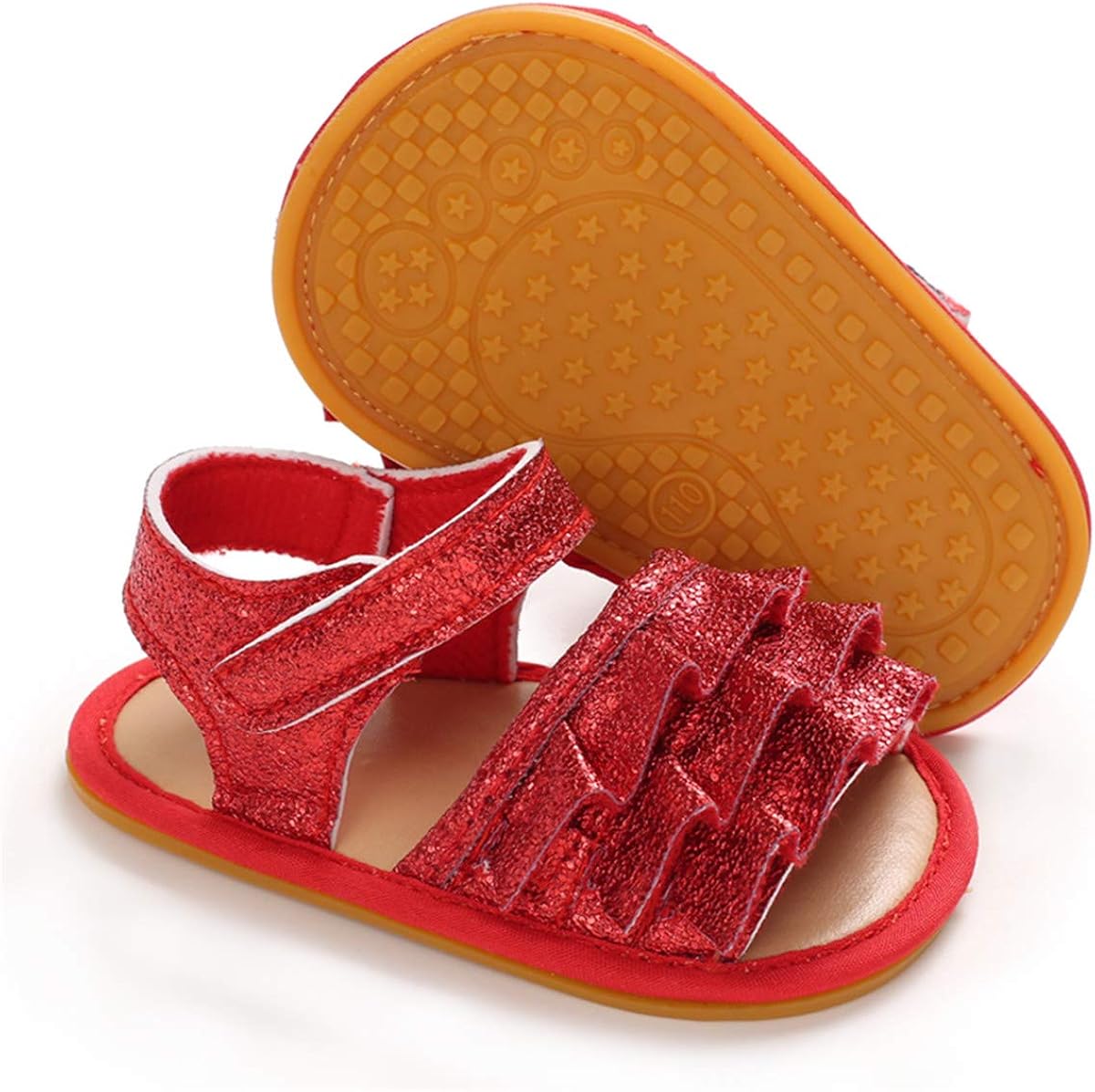 优质柔软橡胶鞋底防滑夏季幼儿平底学步鞋(3-6 个月婴儿,p-闪光红色)