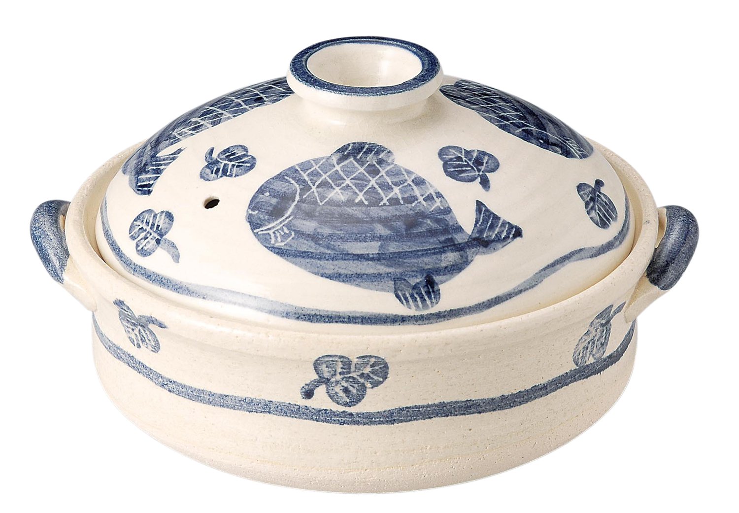 万古烧 轻量强化土锅 (深锅) 6号 1人用 蓝鱼纹 15472