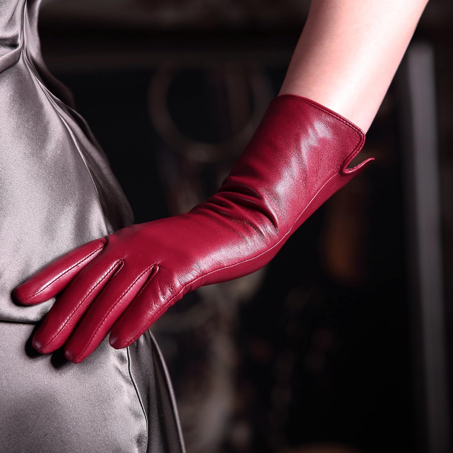 klss 卡萝盛世 klss山羊皮手套女冬长款真皮手套秋冬保暖k9901 大红色