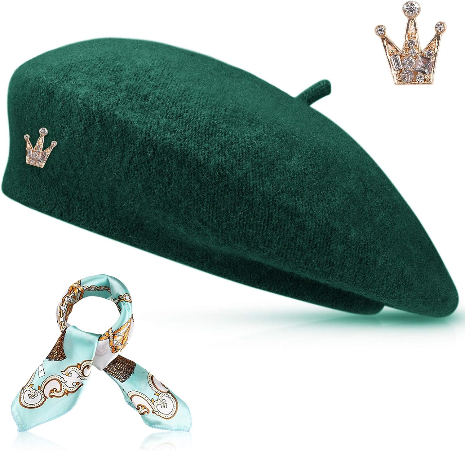 jeicy 羊毛贝雷帽帽子纯色法国艺术家贝雷帽带有 skily 围巾和胸针