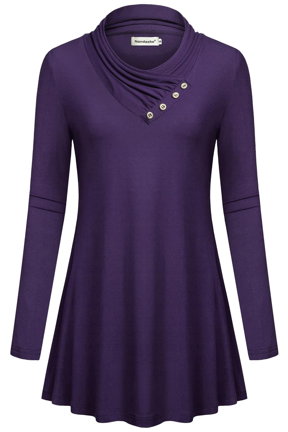 nandashe 女式长袖褶皱领纽扣装饰休闲长袍上衣女衬衫