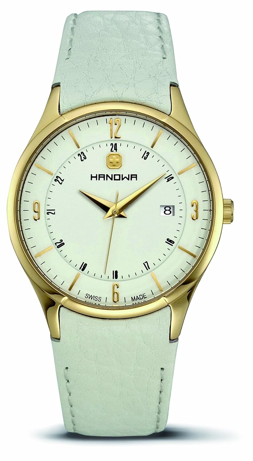 hanowa 男式16 – 4022.02.001 disciplin 金 ip 白色皮革手表