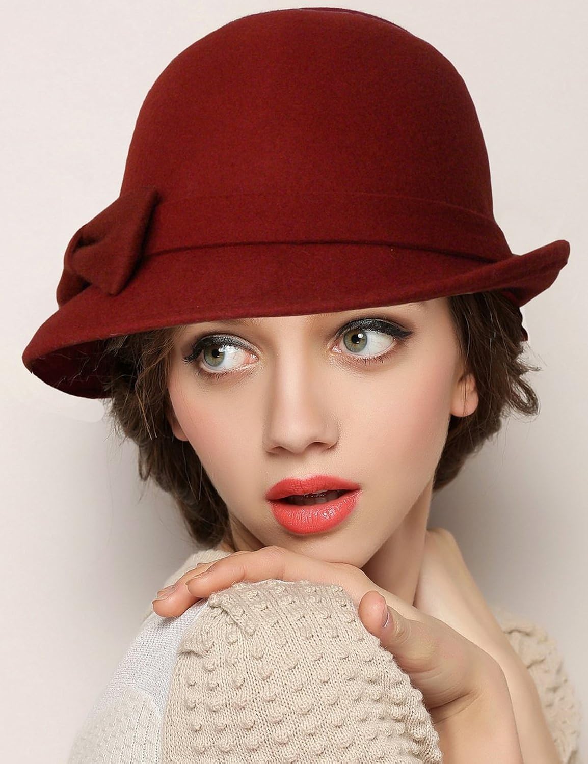蒂芙莎 秋冬款羊毛呢帽子女士蝴蝶结圆顶小礼帽 卷边毛呢盆帽遮阳帽
