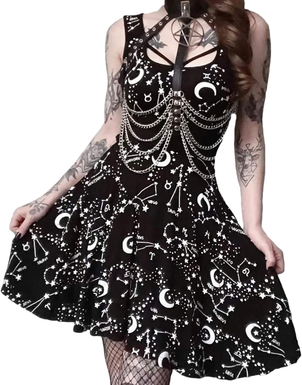 riclena 女式性感朋克哥特式镂空五芒星紧身连衣裤 dress01 small