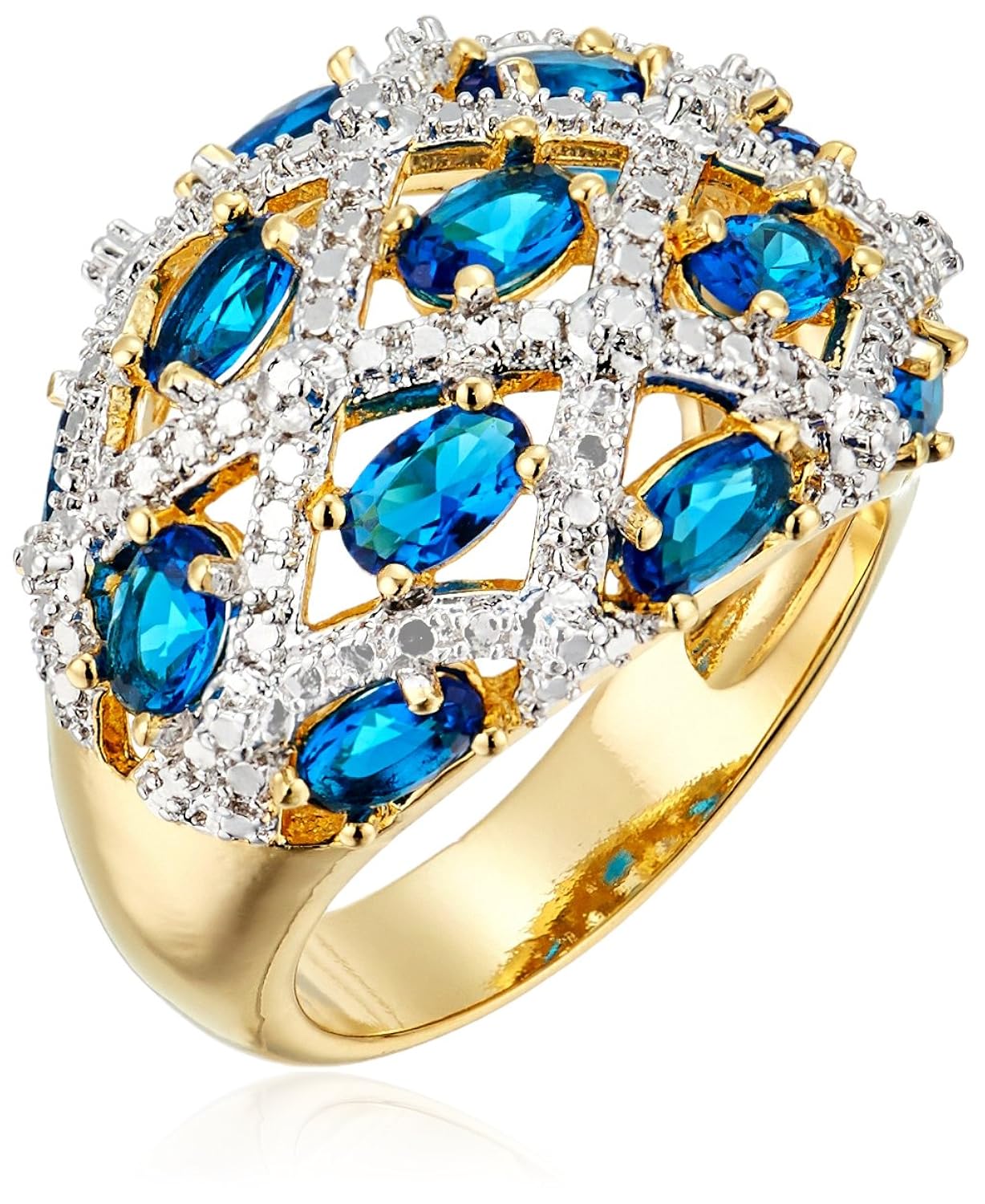 18 k 黄金 over fine 银青铜宝石蓝色玻璃复古灵感艺术装饰鸡尾*戒指