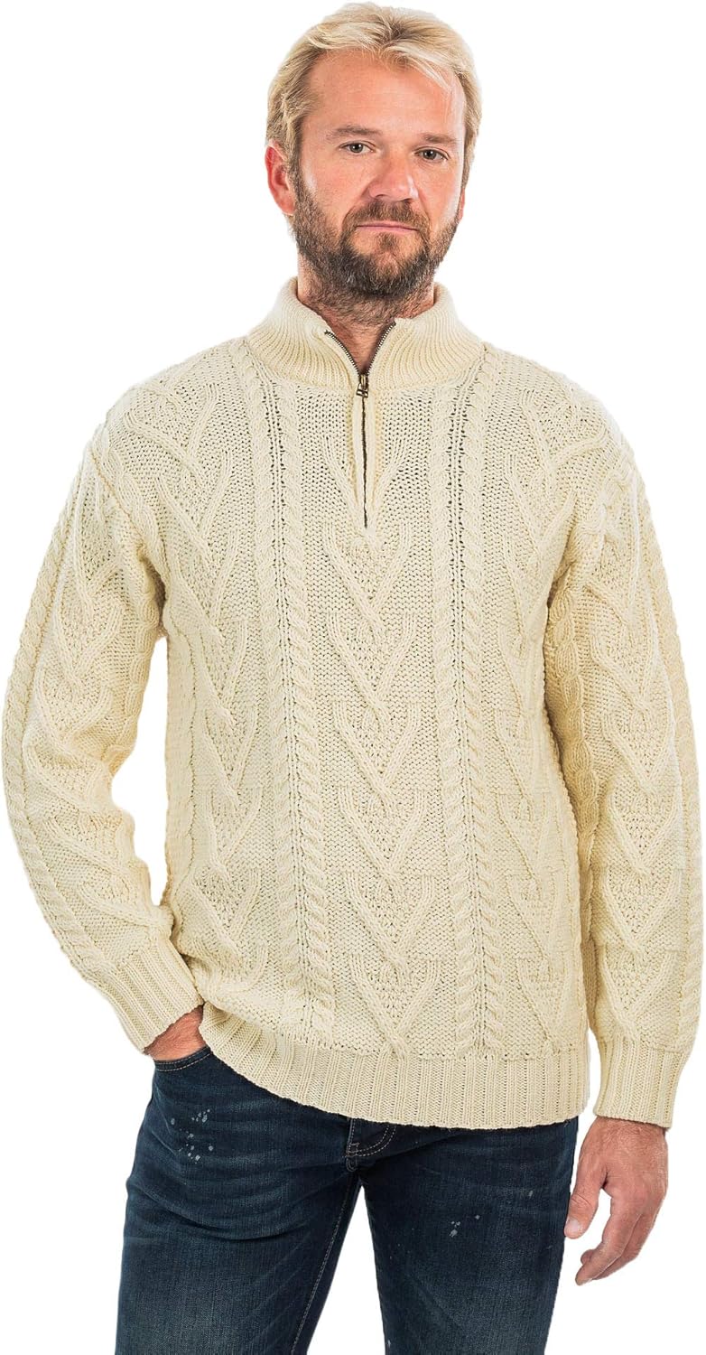 * 美利奴羊毛男式拉链领爱尔兰渔夫针织冬季户外毛衣套衫自然或*蓝