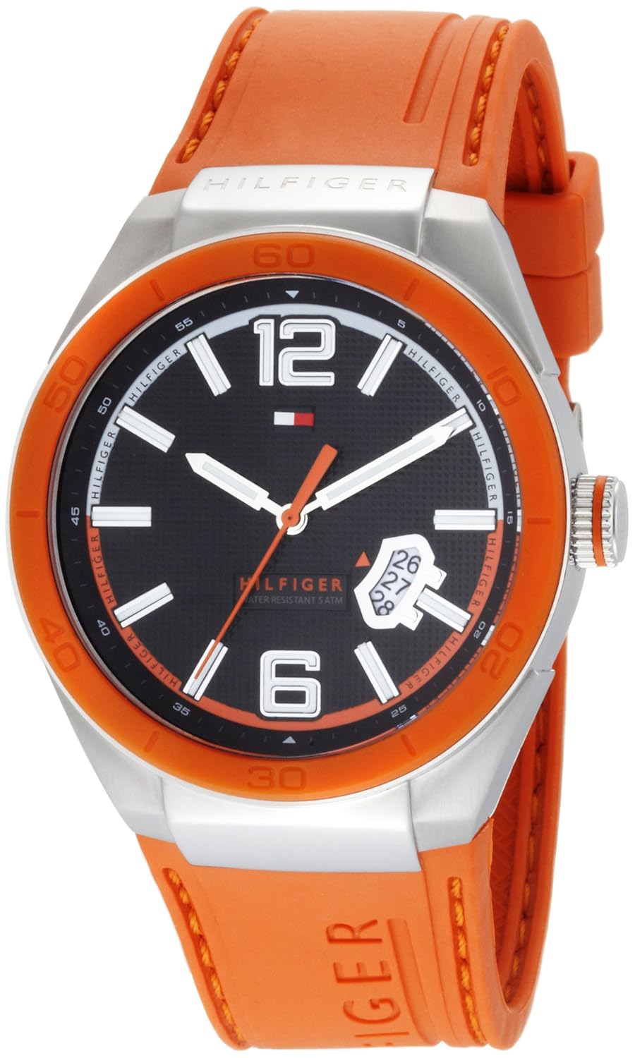tommy hilfiger 1790726 mens logo embossed black dial orange