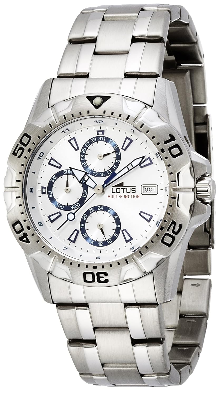 lotus 男式石英手表白色表盘模拟显示和银色不锈钢表链 15301/1