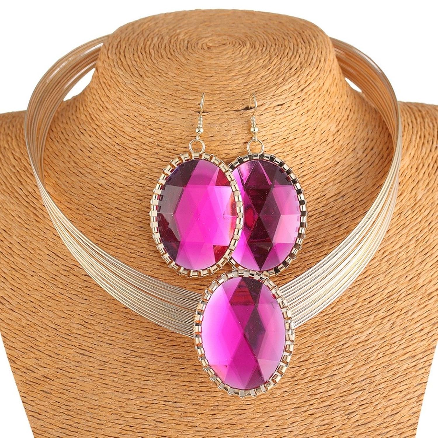 启运 欧美时尚个性夸张宝石项圈项链套装 玫红