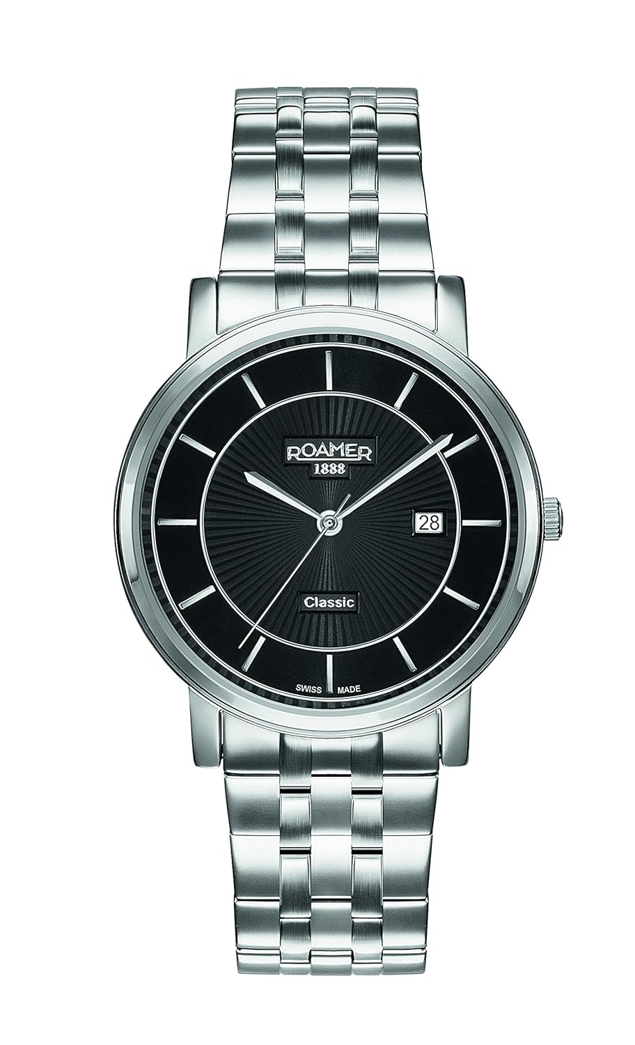 roamer 男式石英手表,黑色表盘 analogue 显示和银色不锈钢表链709856