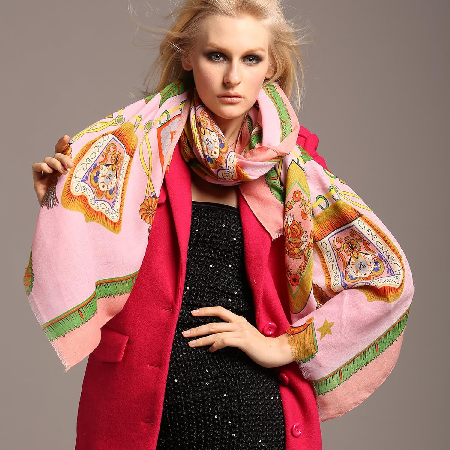 绿萝藤luireter 定位印花 时尚人字纹混纺超长围巾女 mlc0009 粉色