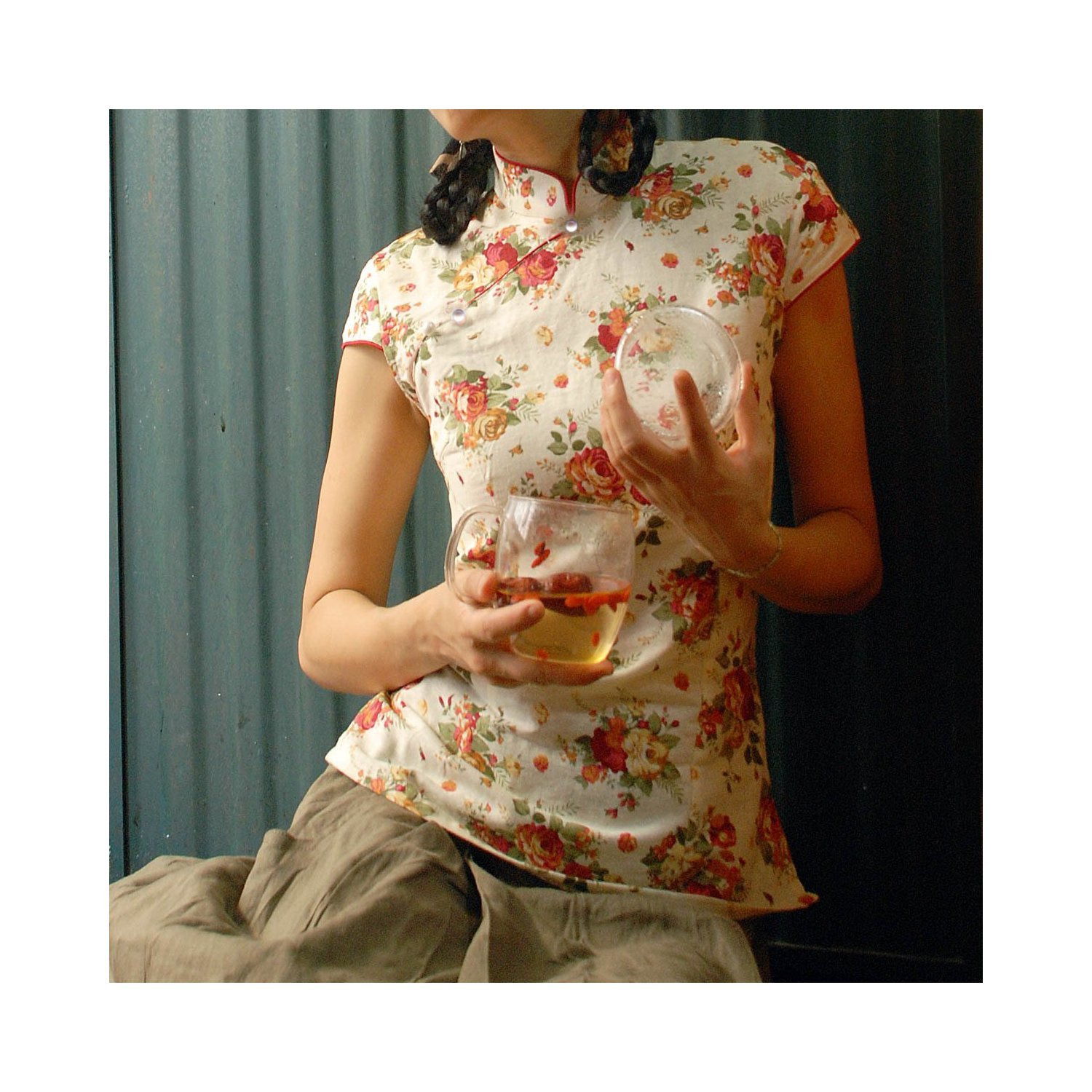 伍曼 初见—素雅碎花古典中式立领月牙短袖旗袍上衣棉麻亚麻唐装 (l)