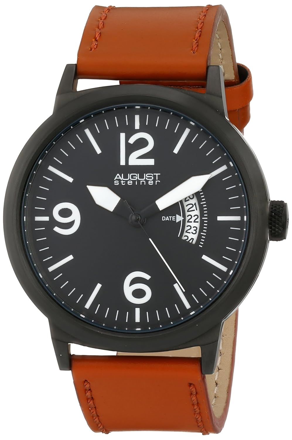 august steiner 男式 as8012tn 石英机芯手表黑色表盘和干花皮革表带
