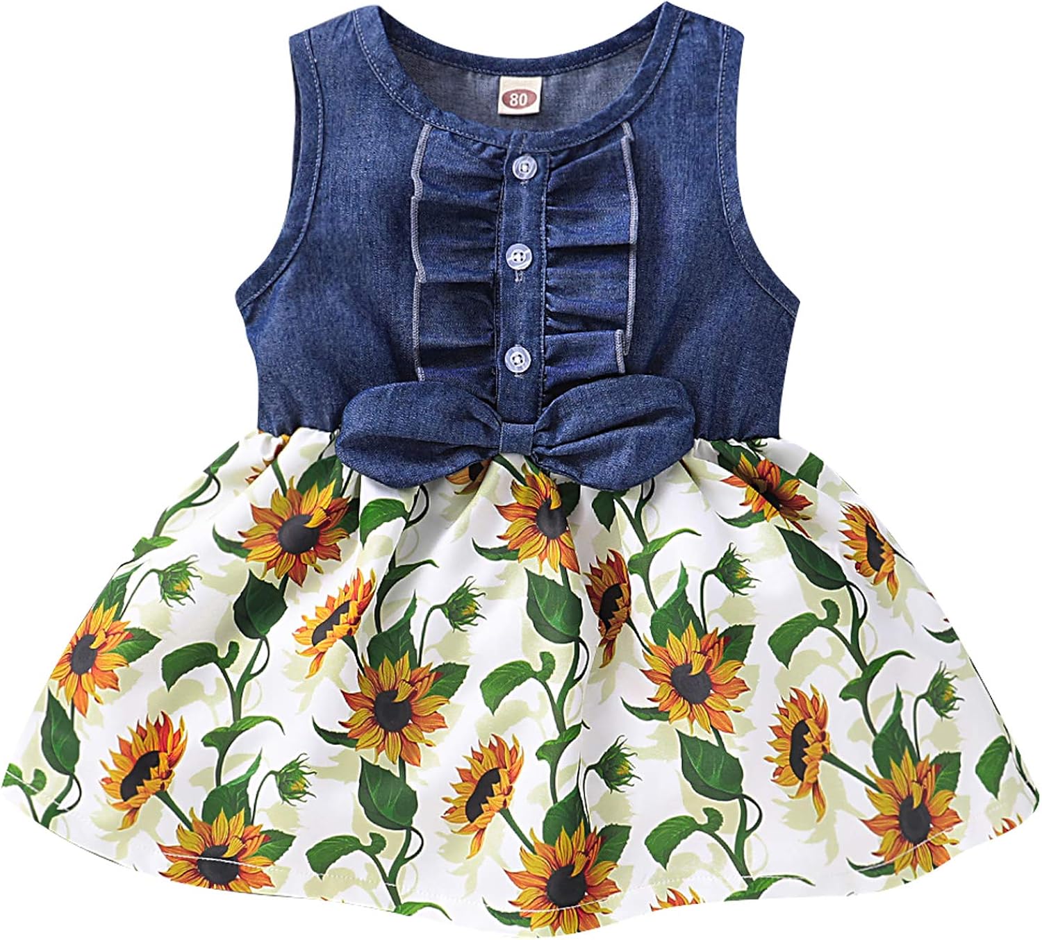viworld 幼童女孩向日葵连衣裙婴儿牛仔褶边蝴蝶结花卉印花裙休闲服一