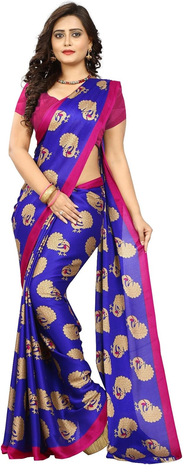 jaanvi 时尚女士长筒印花绉绸 kalamkari 印花纱丽(蓝色)