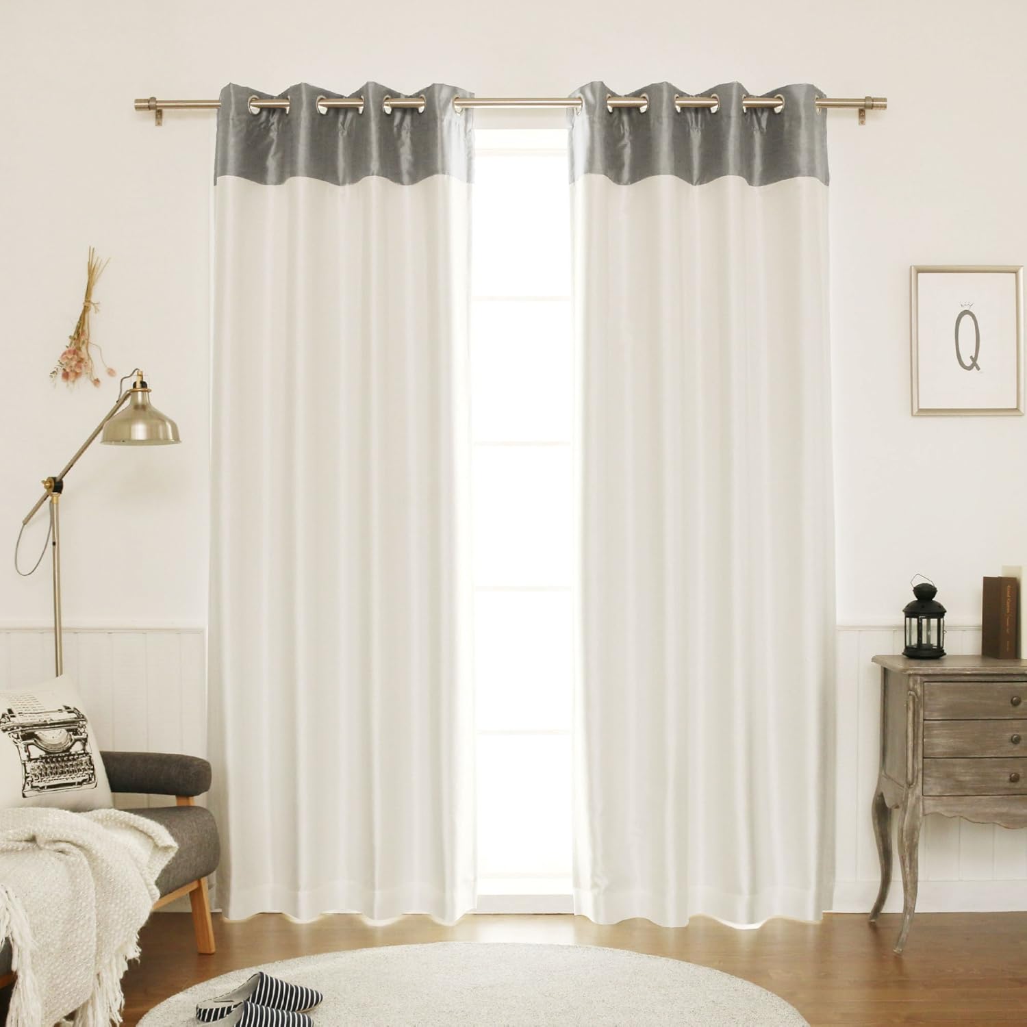 best home 时尚边框仿丝遮光窗帘 - 不锈钢镍环顶部 - 深灰色/象牙白