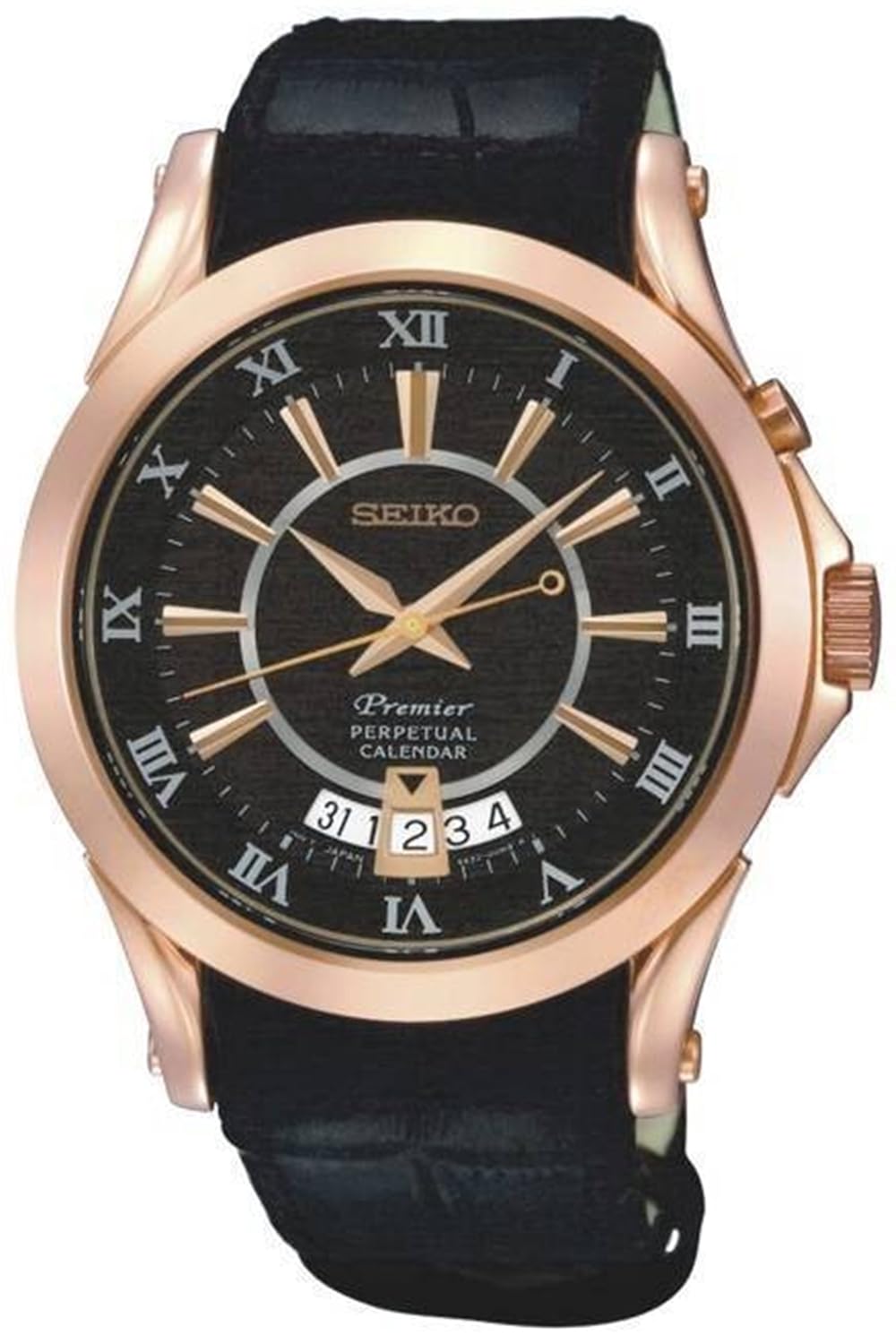 seiko premier perpetual 日历黑色表盘黑色皮革男式手表 snq128