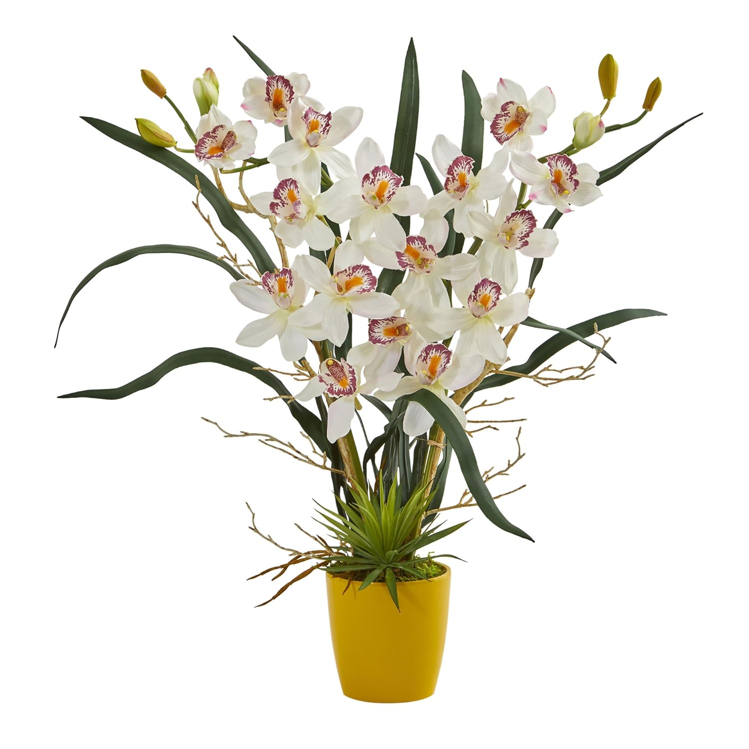 nearly natural 1558-wh 青铜色兰花安排黄色花瓶人造植物,白色