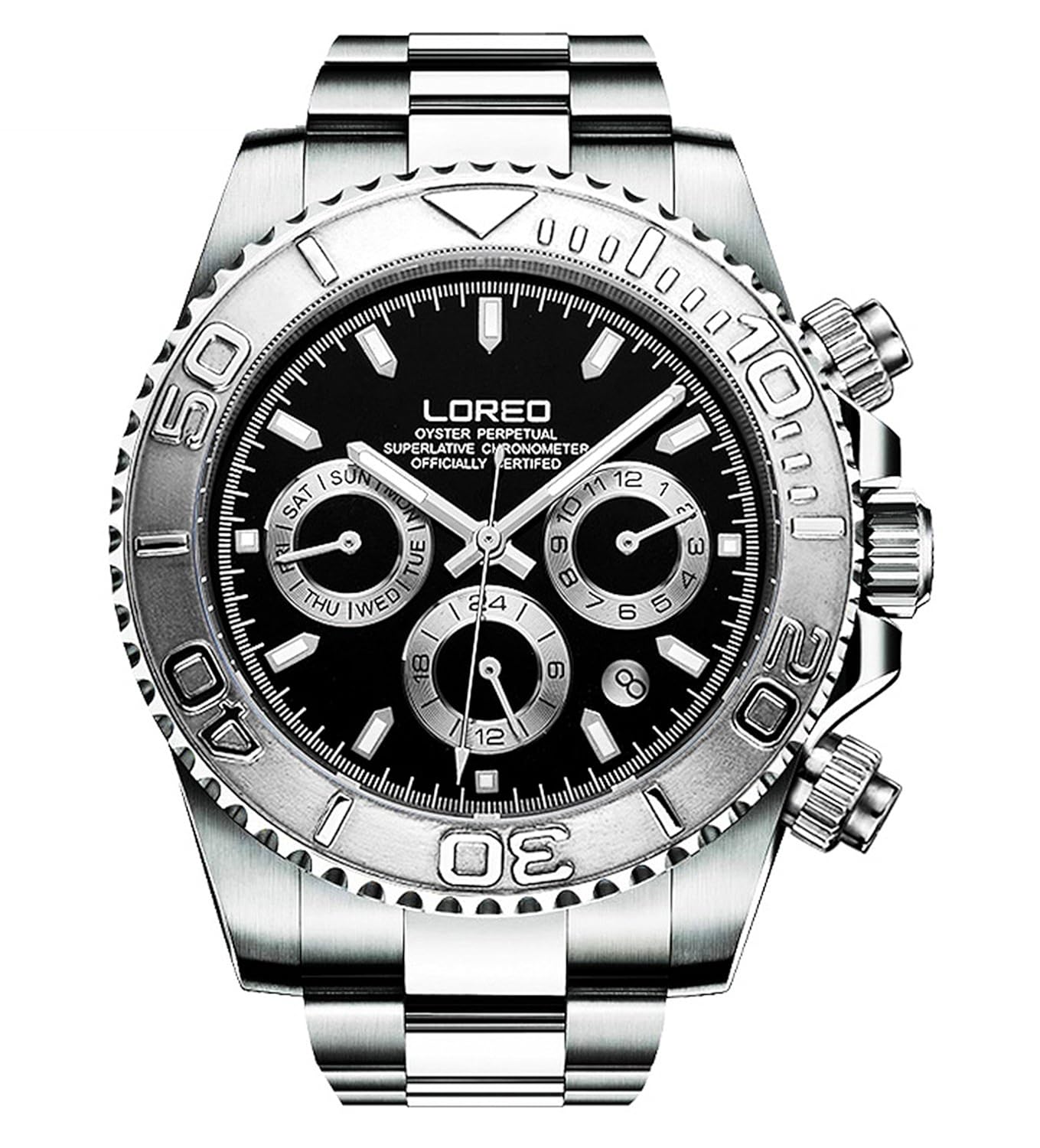 loreo 男士自动机多功能银色不锈钢蓝宝石玻璃黑色防水手表