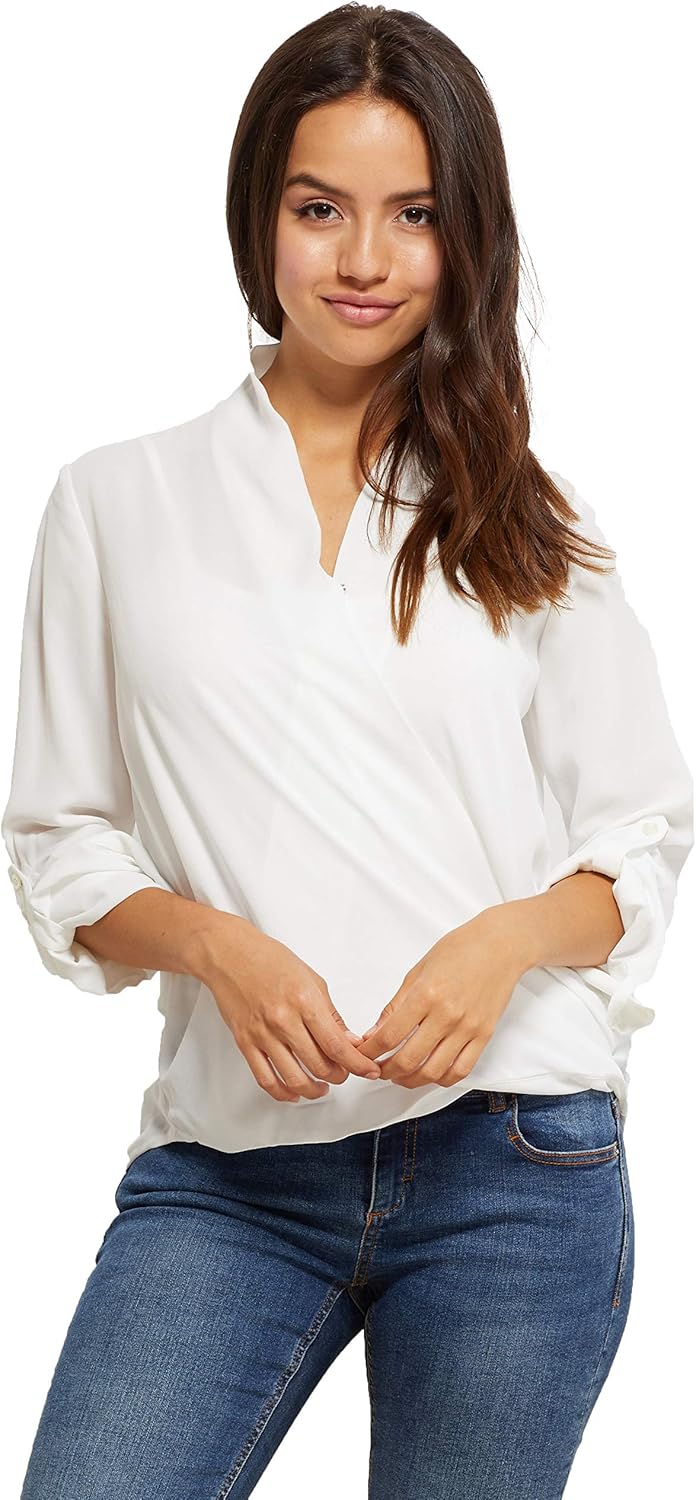 女式斜襟雪纺高低下摆女衬衫 3/4 袖袢