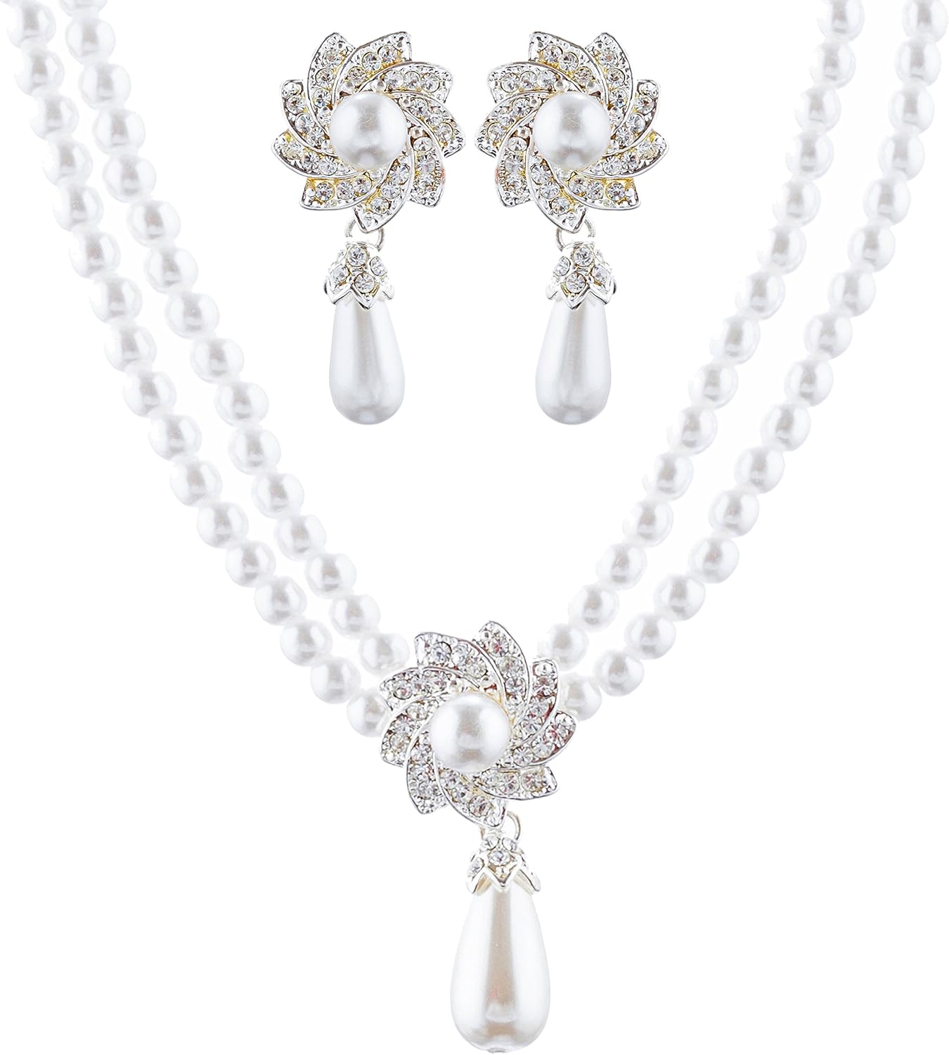 accessoriesforever 新娘婚礼舞会珠宝套装水晶优雅珍珠项链 银色