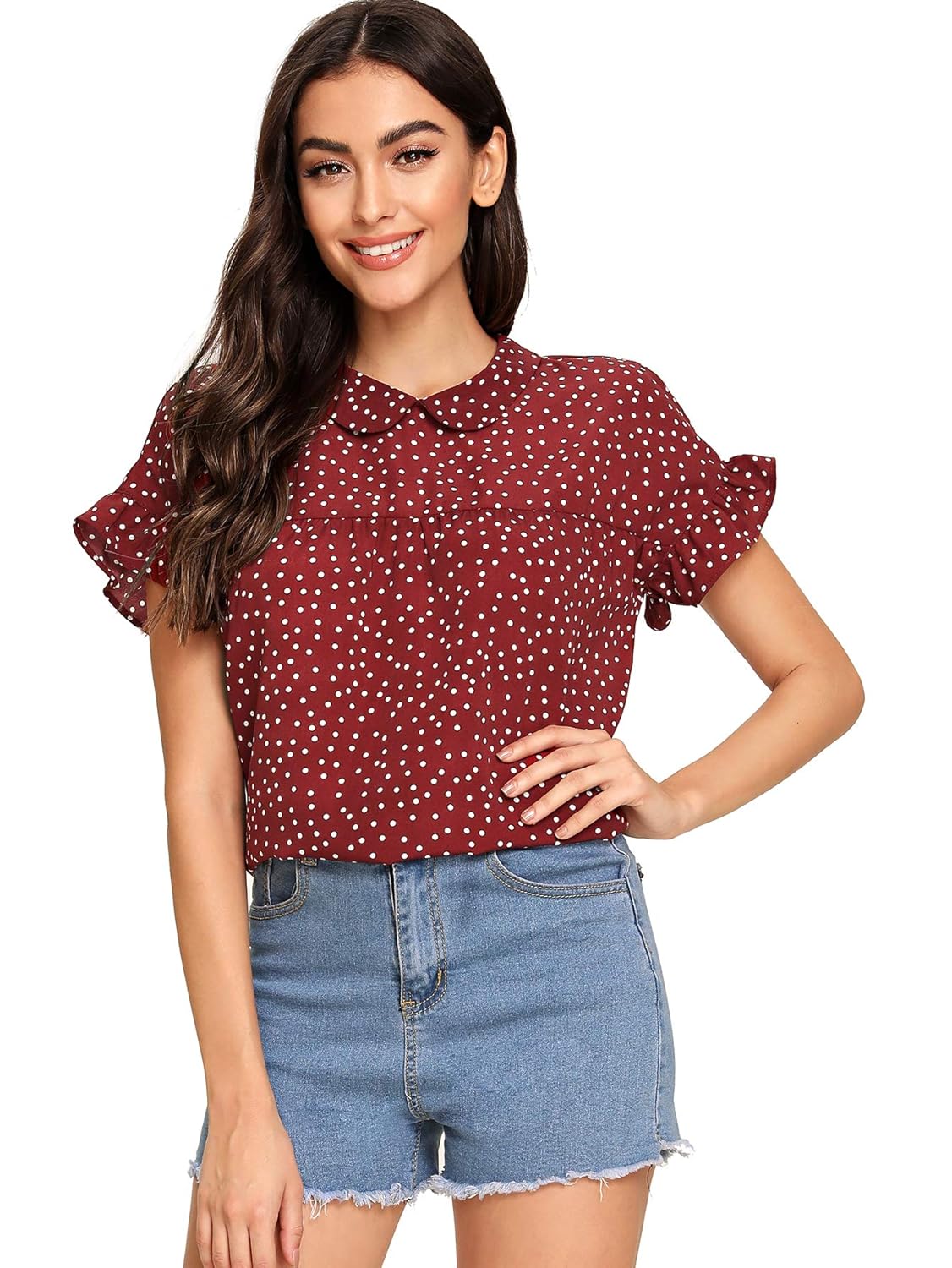 shein 女士可爱条纹彼得潘领短袖娃娃装女装上衣