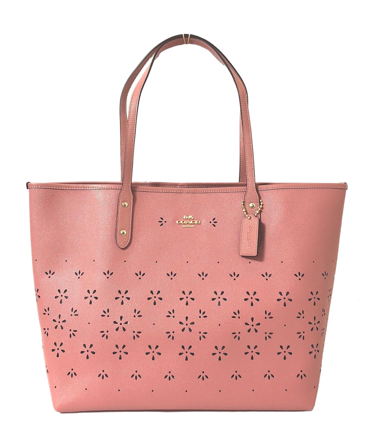 coach 蔻驰花卉穿孔皮革城市手提包 复古粉色 large