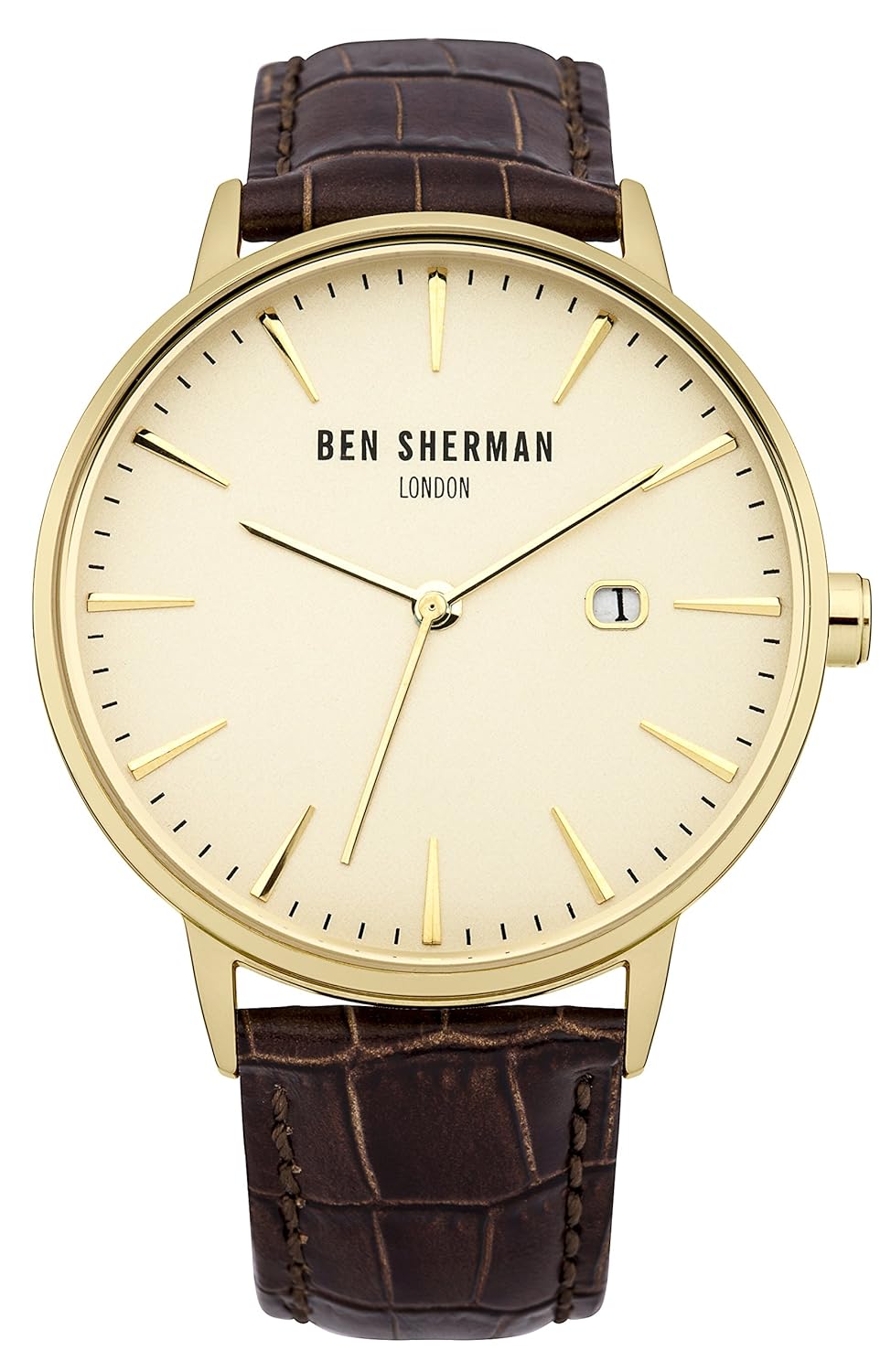 ben sherman 男式石英手表,米色表盘 analogue 显示和棕色皮革表带 wb