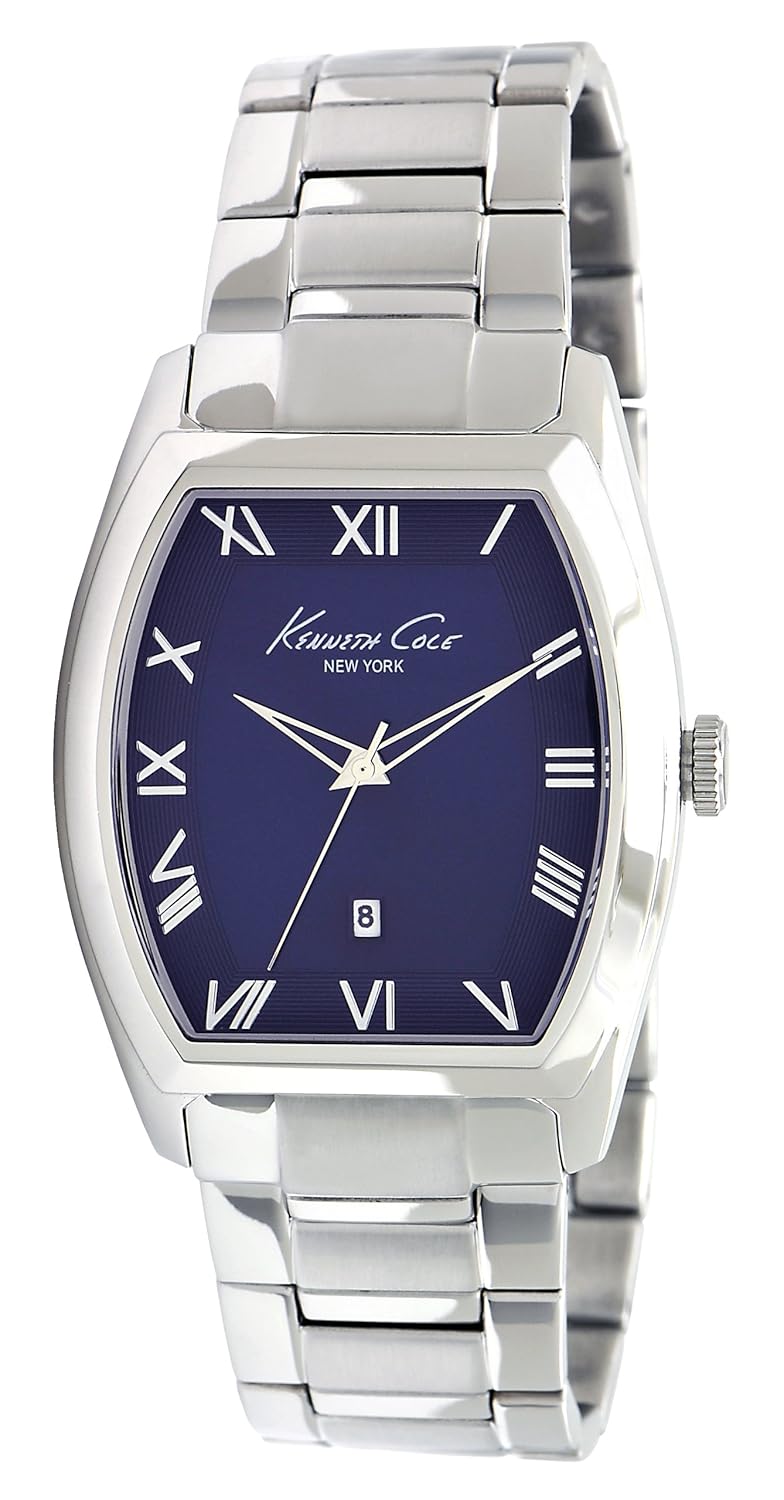 kenneth cole 男式石英手表蓝色表盘 analogue 显示和银色不锈钢表链
