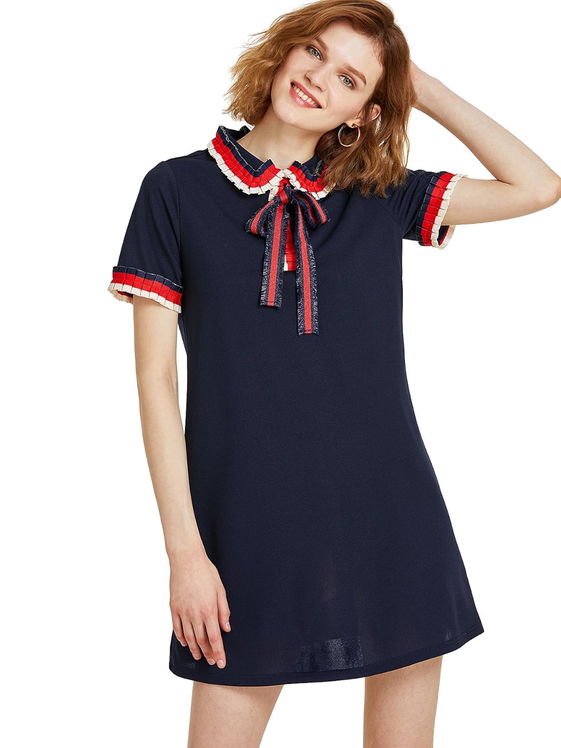 shein 女士彼得潘领结短袖直筒连衣裙 *蓝 x-small