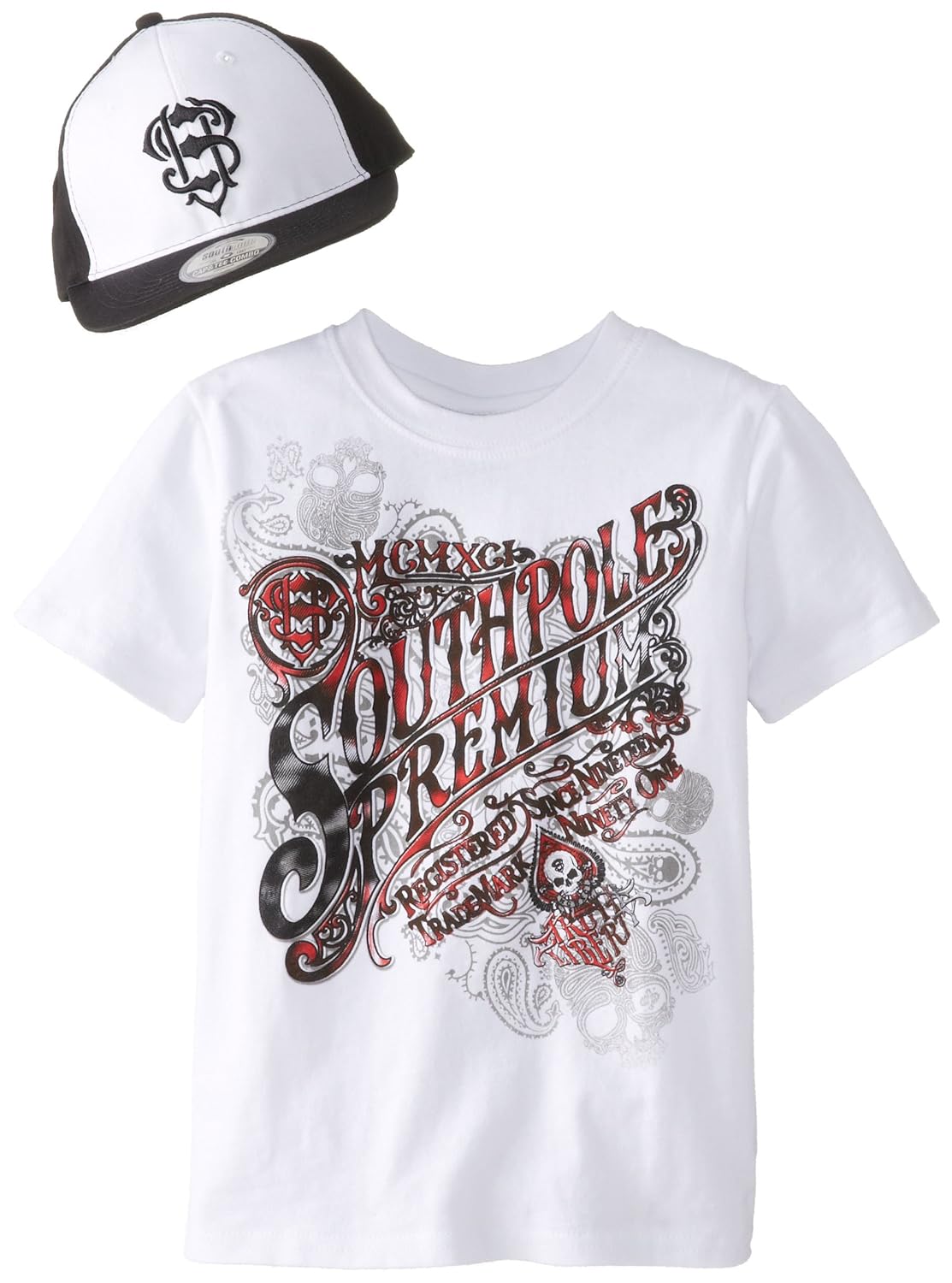 southpole – 儿童小男孩丝网印花图案 t 恤和帽子 白色 large