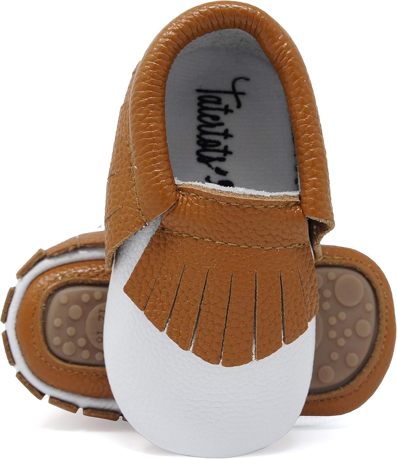 tatertots 棕色和白色婴儿莫卡辛鞋,真皮橡胶鞋底 - 幼儿鞋 12 至 18