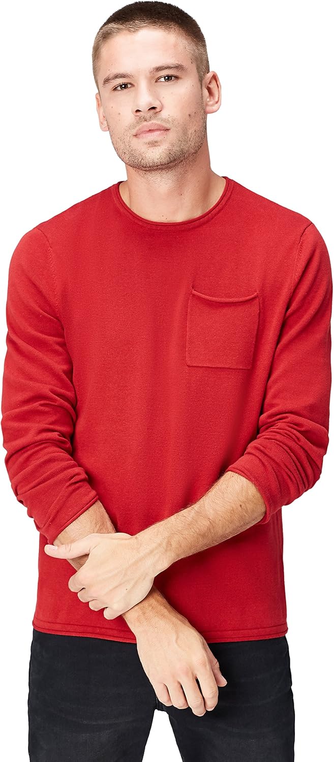 find mens knitted rolled edge jumper red (burgundy) s