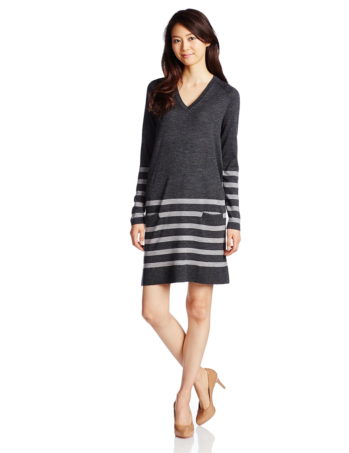 (法国鳄鱼) lacoste 长袖横条纹 v领连衣裙 灰色 eu 038-(日本サイズl