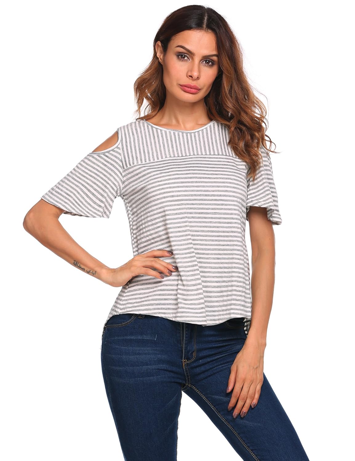 easther 女式短袖条纹露肩 t 恤修身开叉 t恤休闲上衣 misty grey