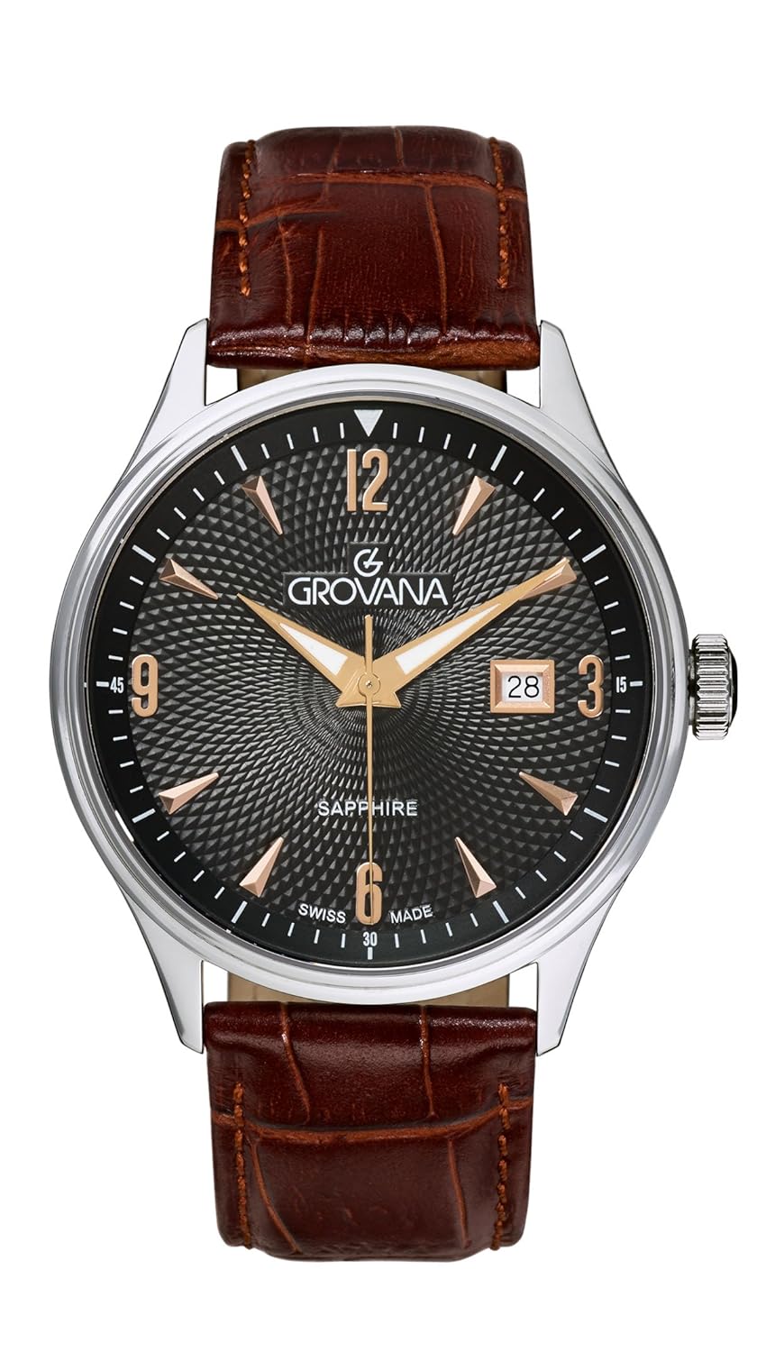 grovana 男式石英手表,黑色表盘 analogue 显示和棕色皮革表带1191.