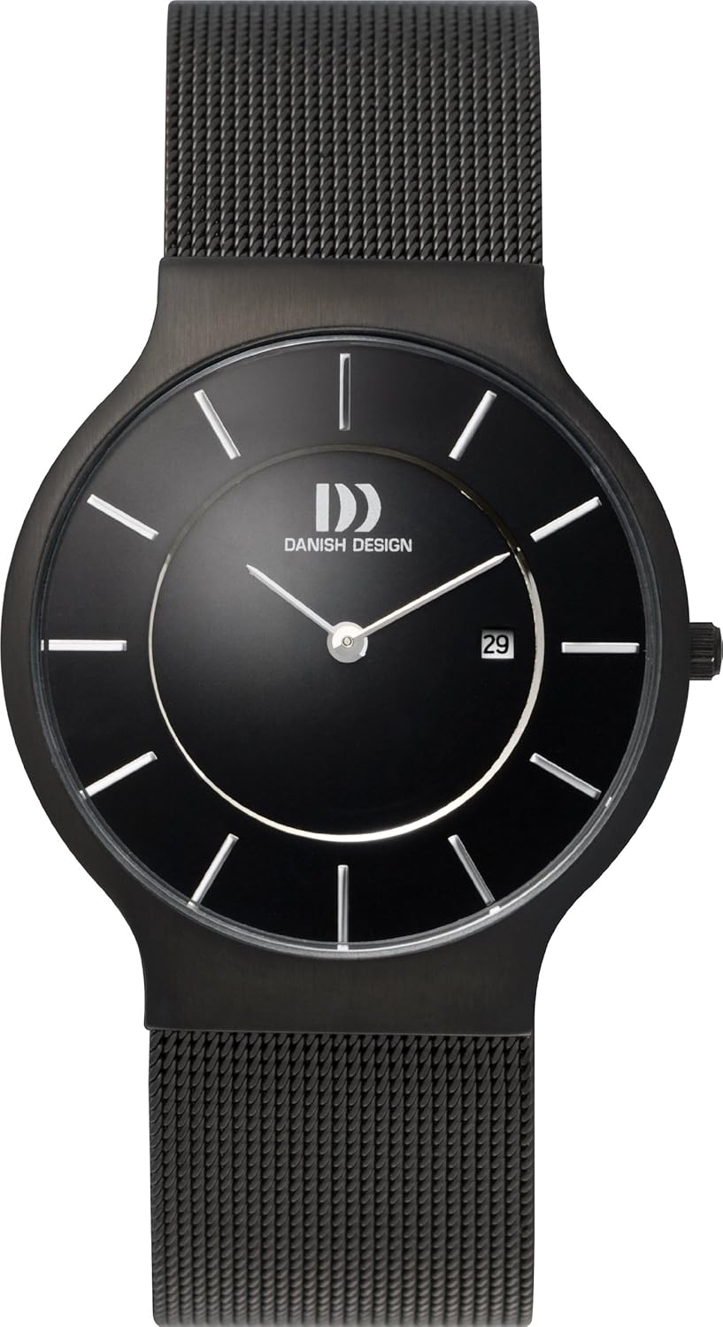 danish design 男式石英手表黑色表盘模拟显示和黑色不锈钢表带 dz12