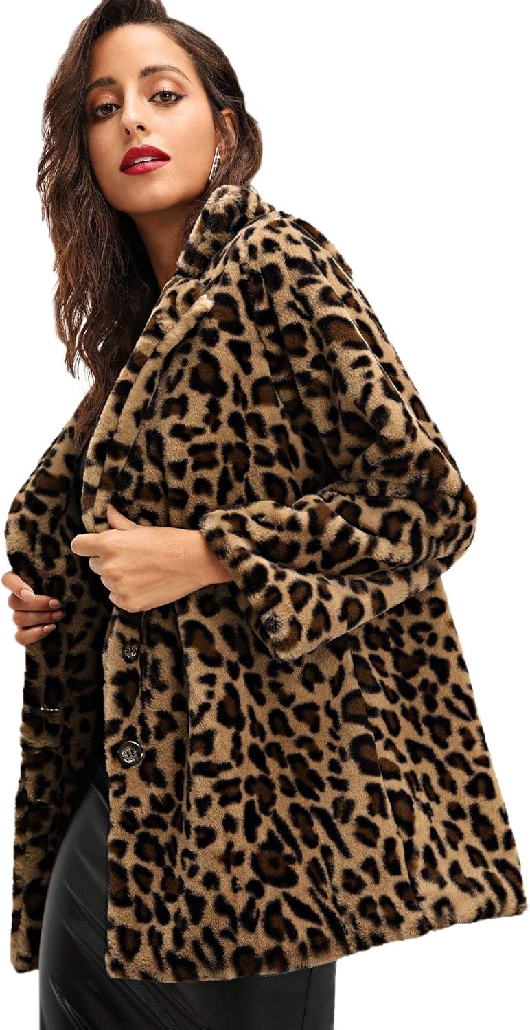 shein 女士长袖豹纹人造毛皮大衣,外套翻领外套