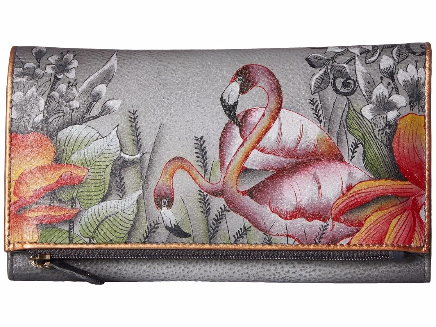 anuschka,手绘皮革,三折叠手包钱包 - 火烈鸟