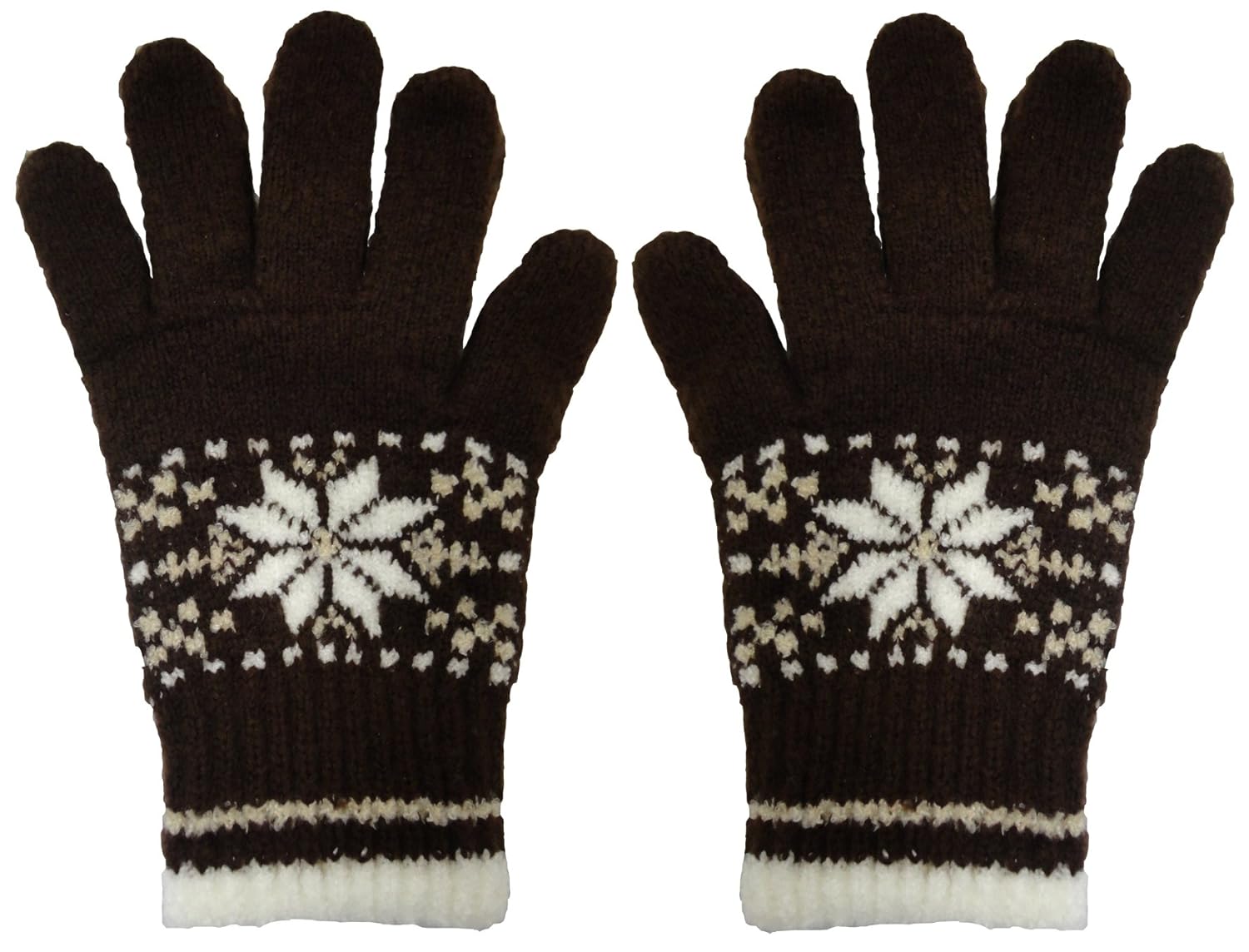 双线雪花图案5指手套 棕色