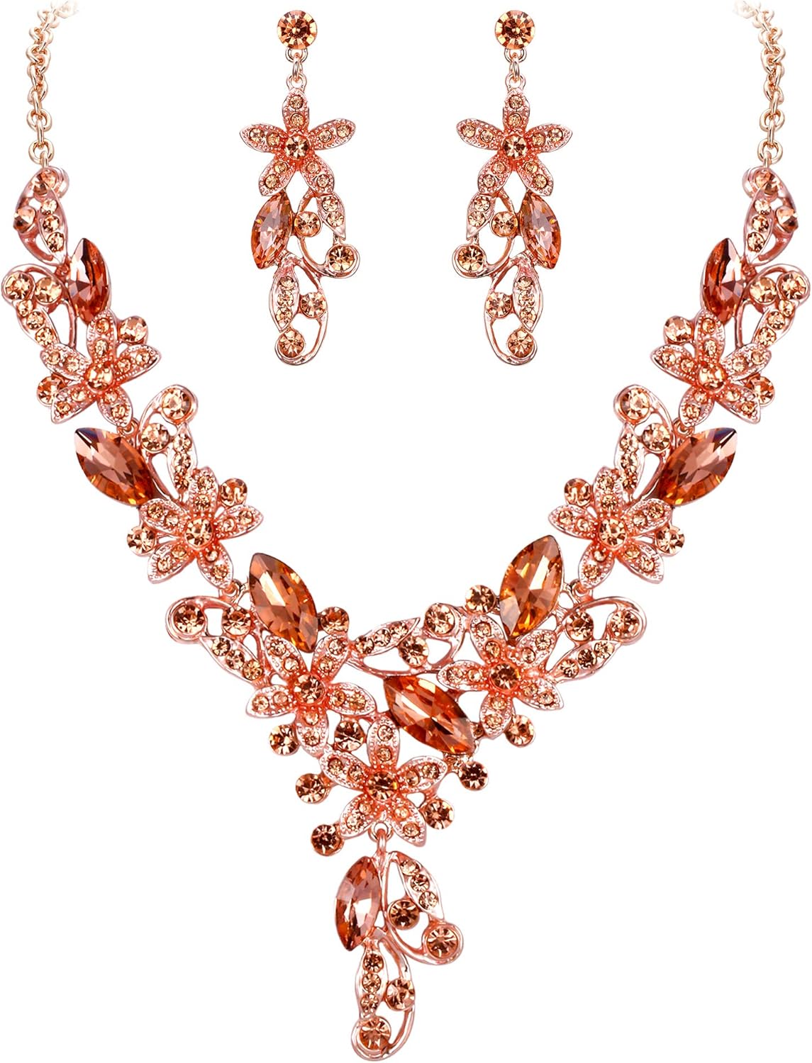 flyonce 水晶花卉首饰套装女式花叶葡萄酒项链耳环套装 适合婚礼