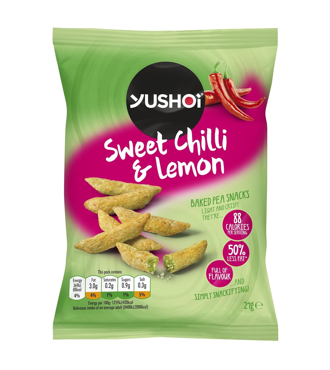 yushoi baked sweet chilli & lemon pea snacks, 21g, pack of 24