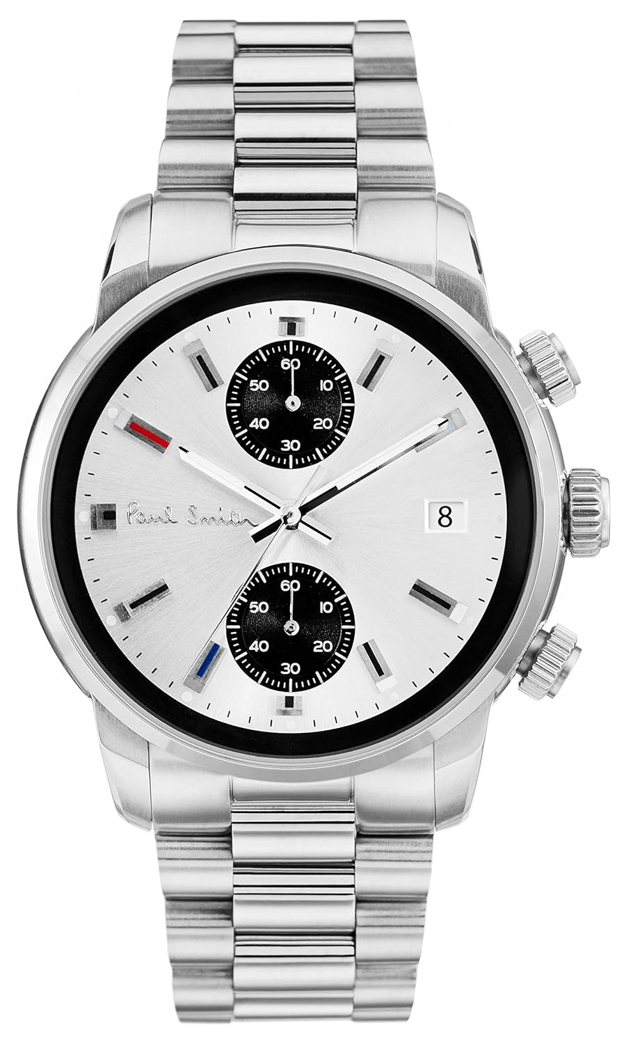 paul smith 男式石英手表带白色表盘计时显示器和银色不锈钢表链 p10