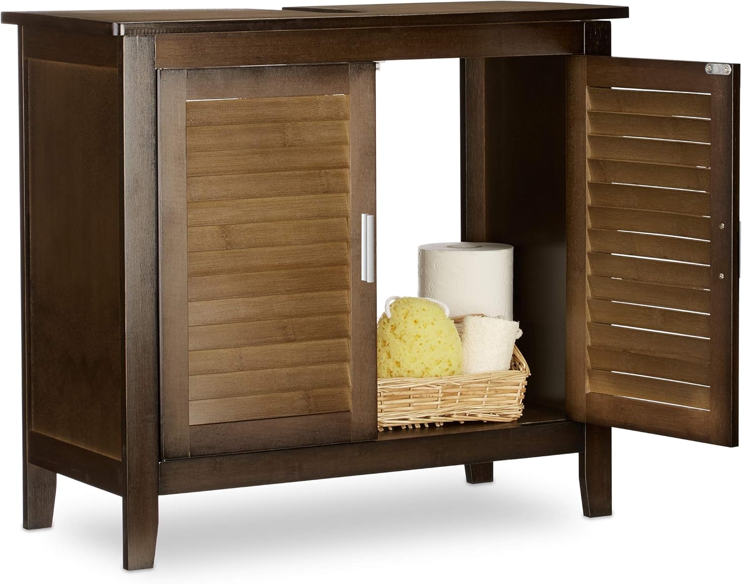 relaxdays lamell洗手台柜,深棕色百叶门,竹制浴室柜,浴室吊柜,高宽深