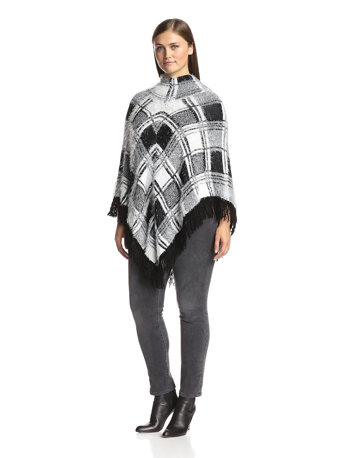 love token 女式格纹褶皱高领斗篷,黑色 / 白色 2x