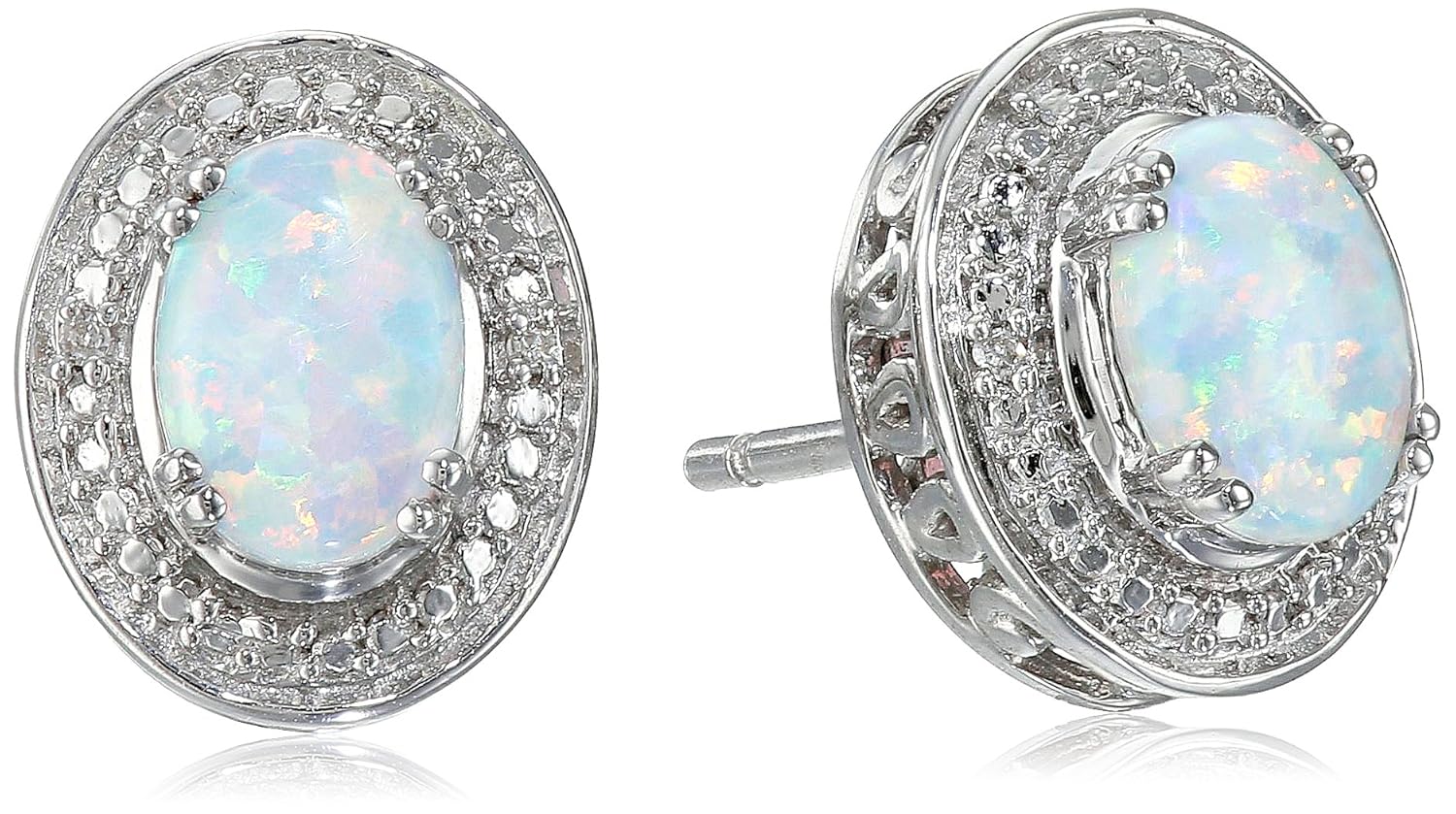sterling silver oval simulated opal diamond earrings-珠宝首饰