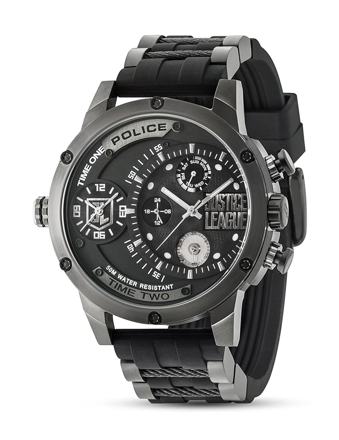 police justice league 限量版黑色 pvd 不锈钢带橡胶表带男式石英