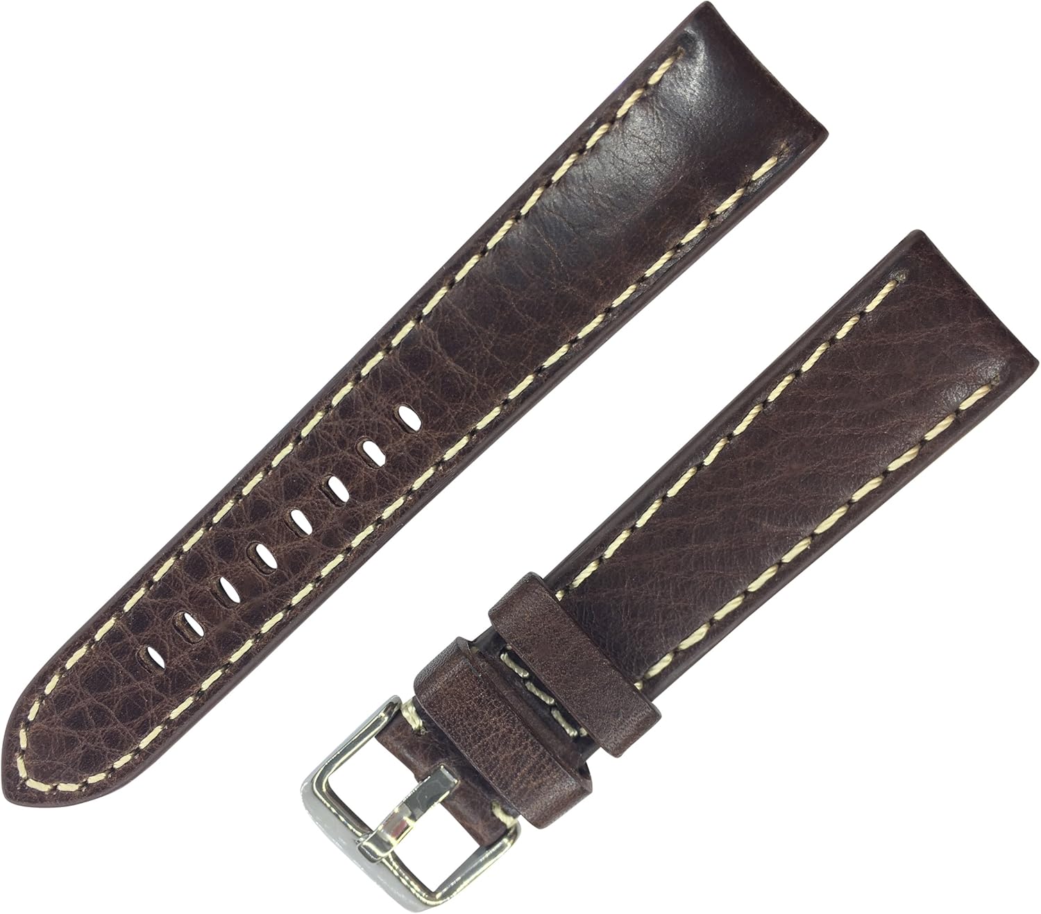 棕色,真皮,厚垫手表表带,带白色缝合 dakota