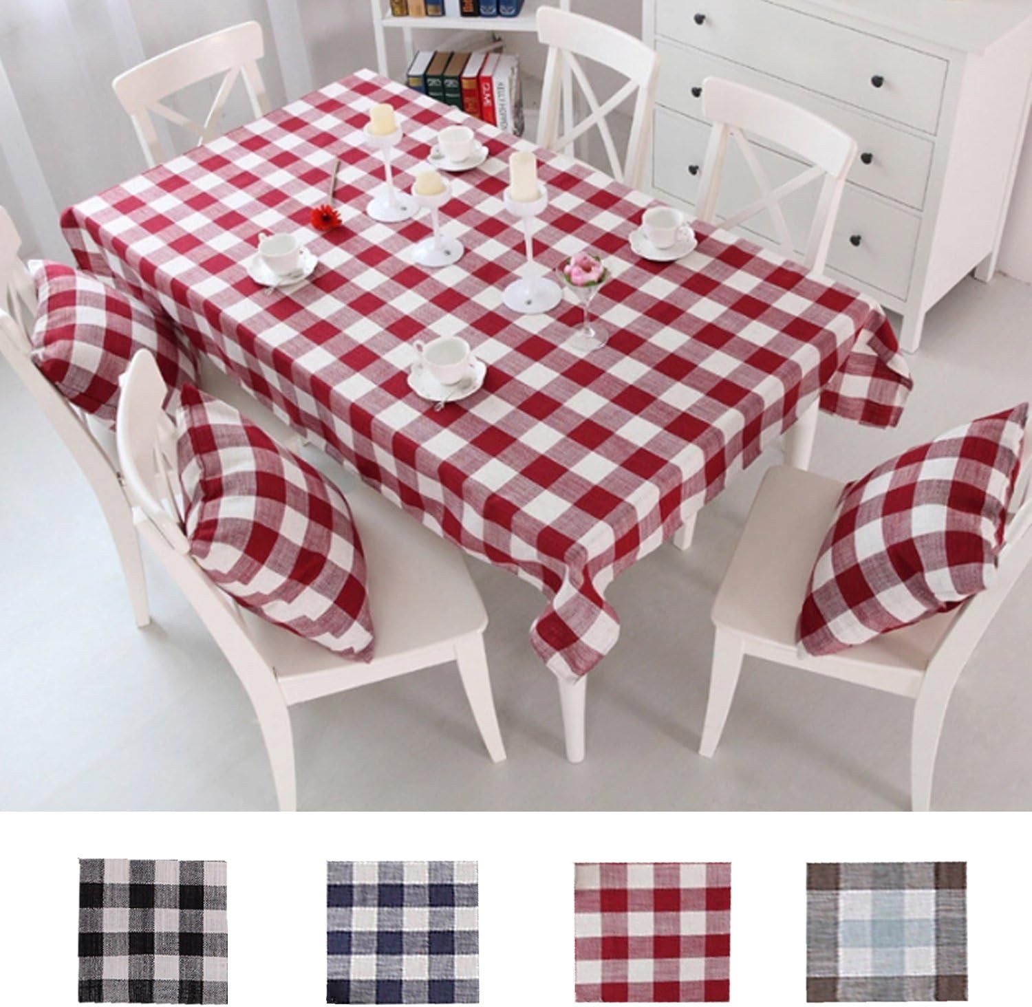 queenie - 1 件乡村风格方格格格纹棉麻桌布有 4 种颜色和 5 种尺寸可
