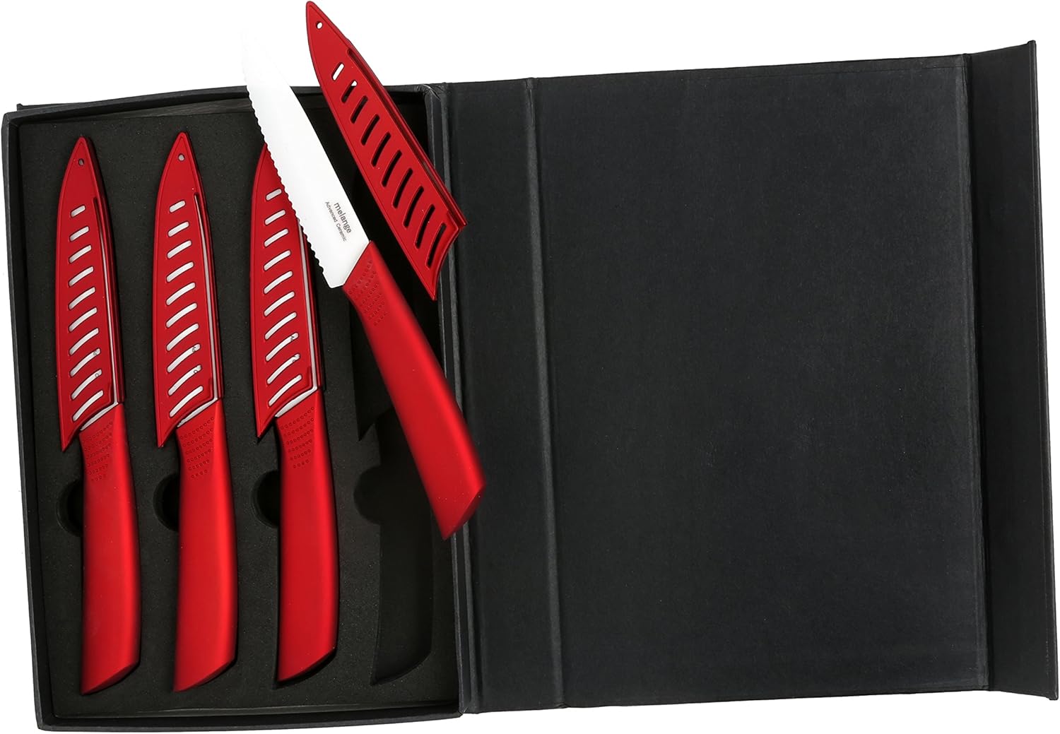 melange 8-piece ceramic steak knife set with metallic red handle